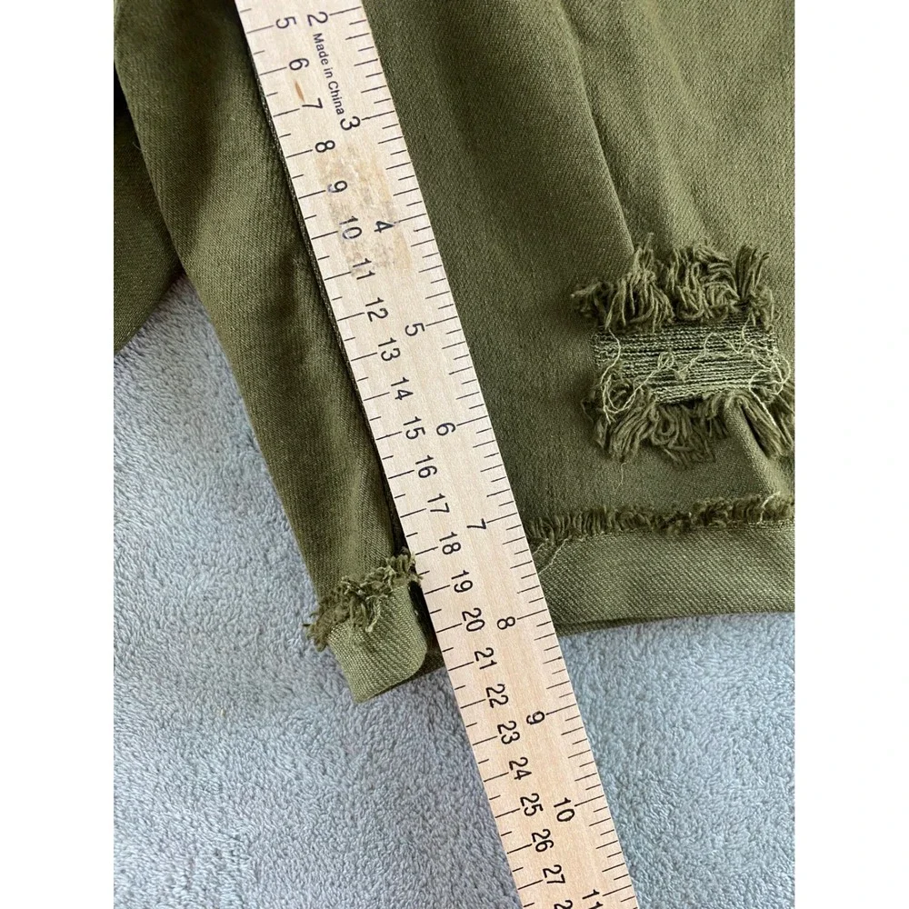 No Boundaries Womens Olive Green Distressed Mid Rise Button Fly Denim Shorts 15 - Picture 10 of 14